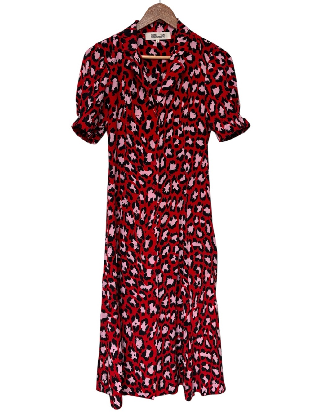 Diane Von Furstenberg Red Pink Black Leopard Print Button Front Dress 2